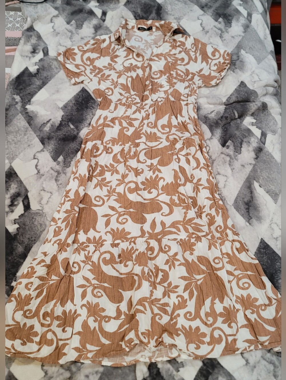 Cream and Brown Floral Maxi Shirt Dress